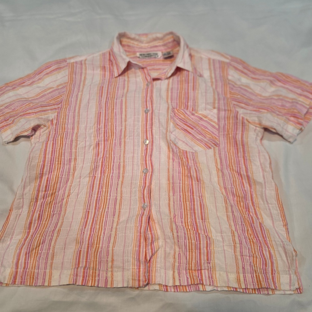 New Direction Button Down Shirt Womens Medium Pink Orange Striped Excellent Boho